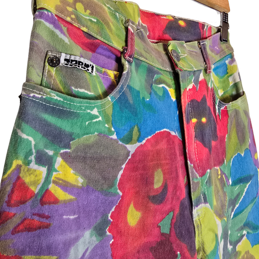 Vintage 90's Bright Floral Cotton High-rise Trousers - Size small