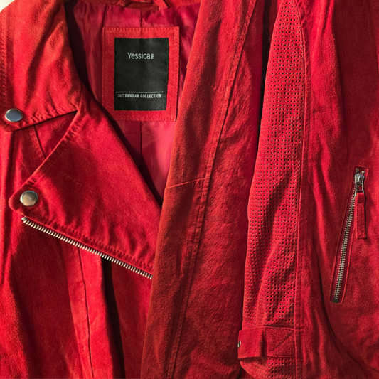 Funky Red Suede 'Biker' Style Jacket - Size 46 (W12)
