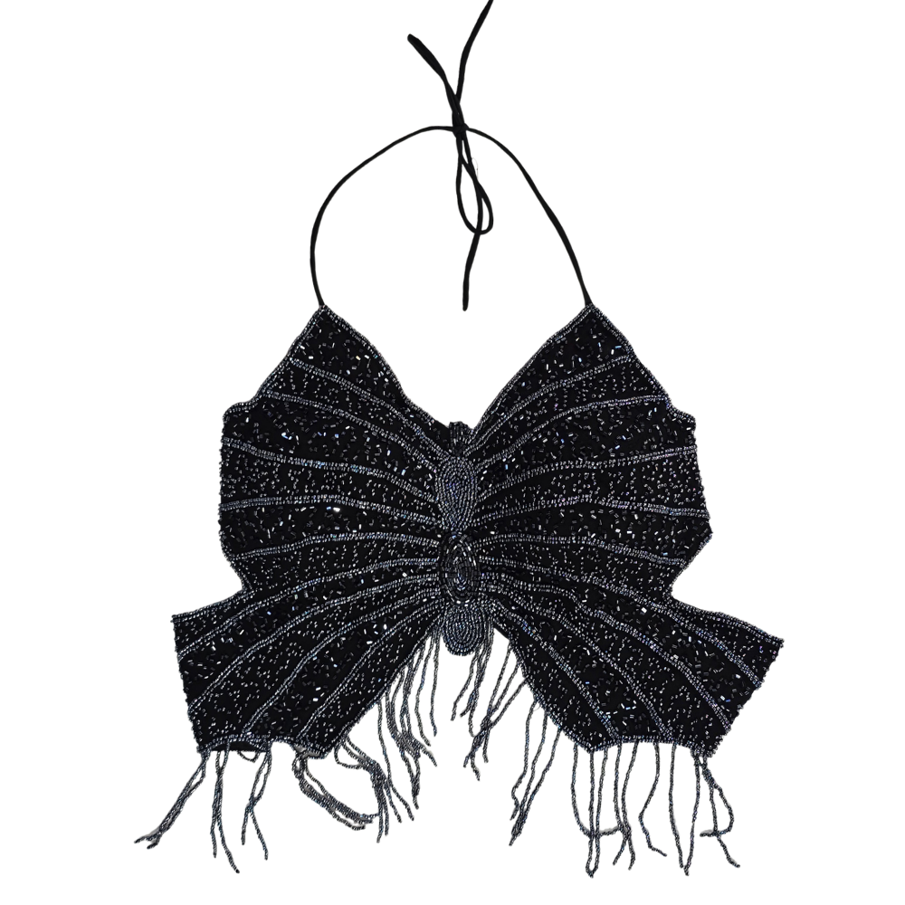 Vintage black beaded butterfly-shaped halter top with fringe detailing on a white background