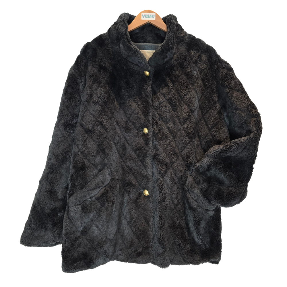 Vintage Diamond Print Faux Fur Coat - Size XL