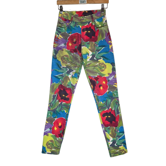Vintage 90's Bright Floral Cotton High-rise Trousers - Size small