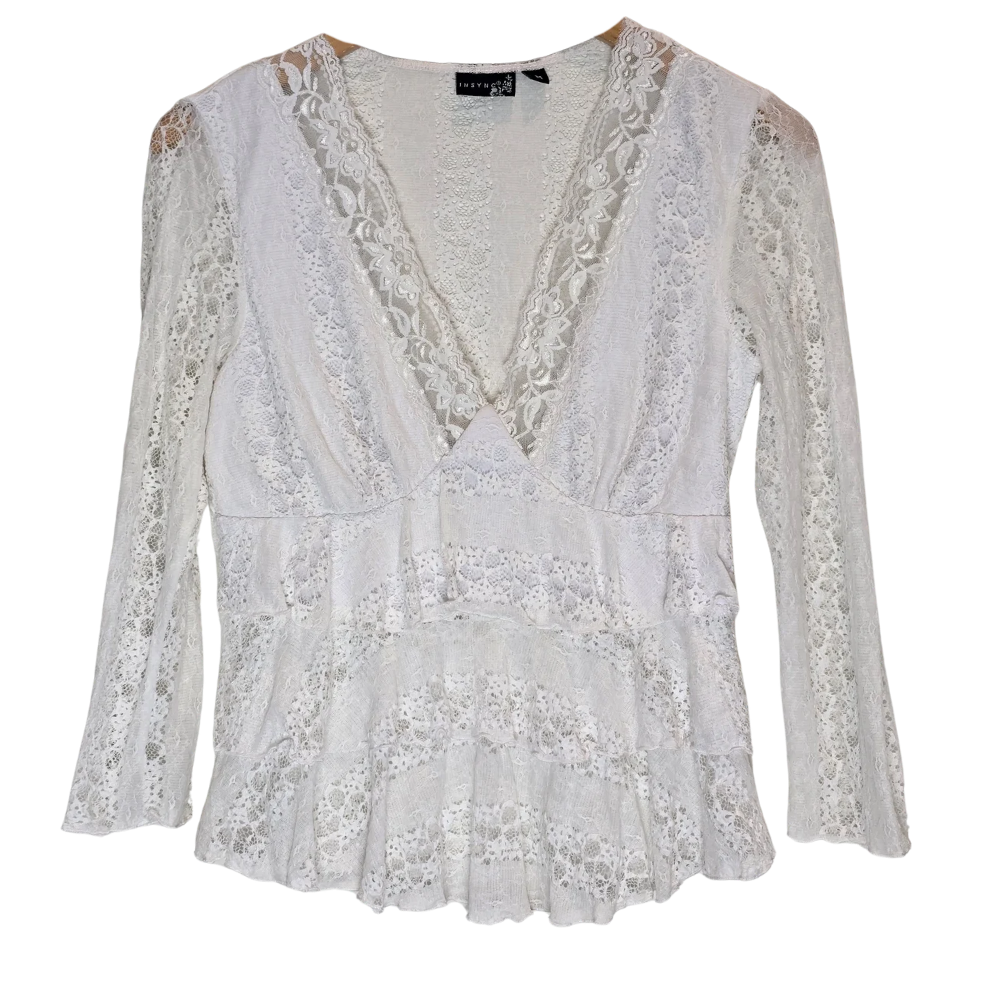 2000's White Lace Babydoll Top - Size M