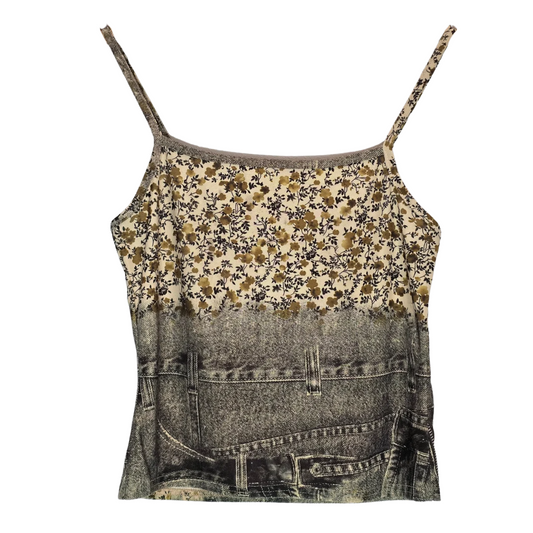 Vintage 90's Vest with "Denim" & Floral Print - Size S/M