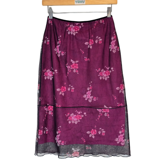Vintage 90s Mesh Floral Print Midi Skirt - Size 32