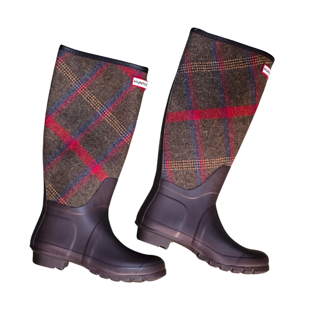Brown + Wool Tartan Hunter Welly Boots (Deadstock/ Unworn) - Size UK7